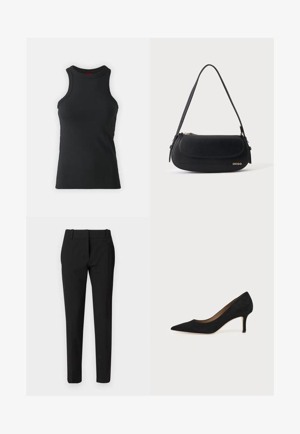 Débardeur sans manches noir en tissu extensible. Présente un col rond et une silhouette ajustée avec des détails de couture minimaux.; Pantalon noir sur mesure avec une coupe droite, une ceinture et une texture lisse. Pas de motifs ou d'ornements visibles.; Escarpin en daim noir à bout pointu avec un talon stiletto fin de hauteur moyenne et un design à coupe basse sur un fond uni.; Sac à épaule en cuir noir avec rabat incurvé, logo doré "HUGO" sur le devant, et une bandoulière réglable.
