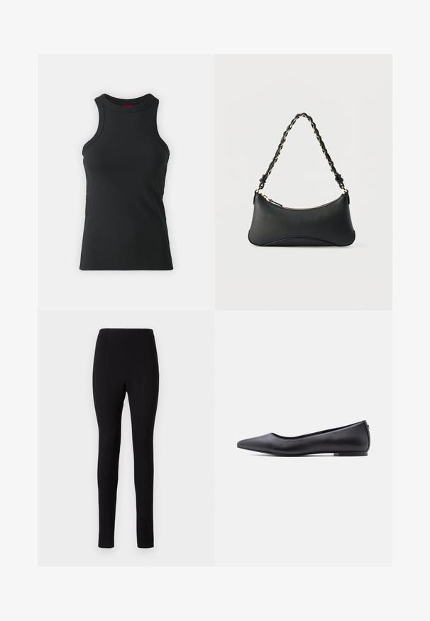 Sort ærmeløs tanktop lavet af strækbart stof. Har en rund hals og en tætsiddende silhuet med minimale syninger.; Sorte leggings med en tætsiddende design, glat tekstur og lodrette syninger ned langs benene. Ingen synlige lommer eller udsmykninger.; Sort flad lædersko med spidst tåparti og lav hæl, vist i sideprofil mod en hvid baggrund.; Sort skuldertaske i læder med en buet rektangulær form, gyldent kæde vævet ind i en flettet sort rem og toplynlås.
