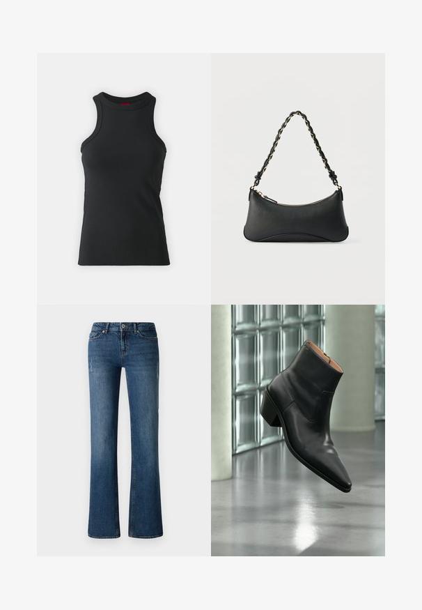 Schwarzes ärmelloses Top aus dehnbarem Material. Mit Rundhalsausschnitt und taillierter Silhouette sowie minimalistischen Nähdetails.; Dunkelblaue Denim-Jeans mit einem ausgestellten Bein-Design, das subtile Auswaschungen und abgenutzte Details in der Nähe der Oberschenkel- und Kniebereiche aufweist.; Schwarzer Leder-Stiefelette mit spitzer Schuhspitze und Blockabsatz, der über einem reflektierenden grauen Boden nahe einer Glassteinwand schwebt.; Schwarze Lederschultertasche mit gewölbter rechteckiger Form, goldener Kette, die in den geflochtenen schwarzen Riemen eingewebt ist, und Reißverschlussverschluss oben.