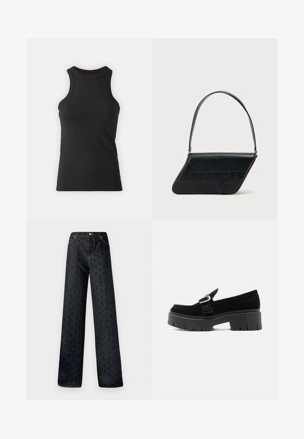 Schwarzes ärmelloses Top aus dehnbarem Material. Mit Rundhalsausschnitt und taillierter Silhouette sowie minimalistischen Nähdetails.; Dunkelblaue, weite Jeans mit geometrischem Muster, aus Denim gefertigt. Mit Metallknopf, Reißverschluss und Kettelung der vorderen Taschen.; Schwarzer Wildleder-Slipper mit klobiger Profilsohle, silberner Schnallendetail und geprägtem "HUGO" auf dem seitlichen Riemen, dargestellt von der Außenseite.; Schwarze Leder-Umhängetasche mit dreieckiger Form, geprägt mit Logo und einem einzigen verstellbaren Riemen. Minimalistisches Design mit glatter Textur.