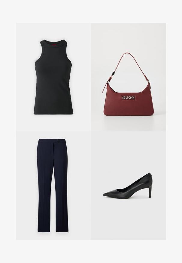 Camiseta sin mangas negra hecha de una tela elástica. Presenta un cuello redondo y una silueta ajustada con detalles de costura mínimos.; Pantalones ajustados de color azul marino hechos de una tela suave, con un frente plano, piernas rectas y un sutil acento plateado en la cintura.; Zapato de salón negro de piel con punta afilada y tacón delgado de altura media sobre un fondo liso de color gris claro.; Pequeño bolso rectangular de cuero burdeos con correa ajustable y placa de logotipo plateada "HUGO" en la parte frontal.