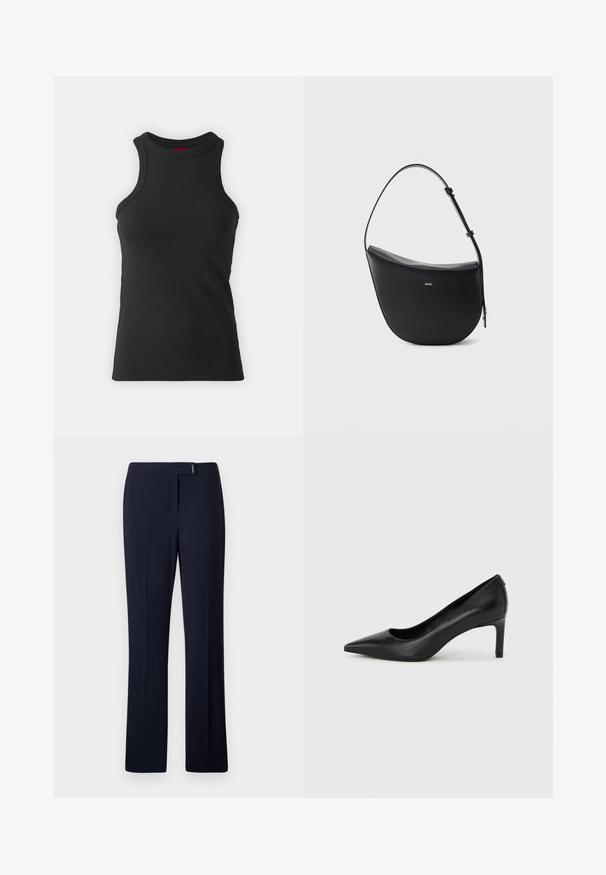 Čierne bezrukávové tank top vyrobené z elastického materiálu. Má okrúhly výstrih a priliehavý strih s minimálnymi švovými detailami.; Námořnické modré oblekové kalhoty vyrobené z hladkého materiálu, s plochým předním dílem, rovnými nohavicami a jemným stříbrným akcentem v pase.; Čierny kožený lodička s ostrou špičkou a tenkým, stredne vysokým opätkom na jednoduchom svetlosivom pozadí.; Čierna kožená kabelka cez rameno v tvare polmesiaca s nastaviteľným popruhom a zlatým logom "BOSS" v strede na prednej strane.