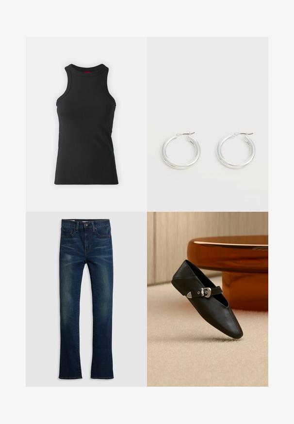 Débardeur sans manches noir en tissu extensible. Présente un col rond et une silhouette ajustée avec des détails de couture minimaux.; Jean en denim bleu foncé avec une coupe droite, style cinq poches et un léger délavage à l'avant.; Chaussure plate en cuir noir avec bout pointu et bride à boucle argentée, posée sur un tapis beige devant une table ronde de couleur ambre.; Paire de boucles d'oreilles créoles moyennes argentées brillantes avec de fines attaches métalliques sur un fond clair et neutre.