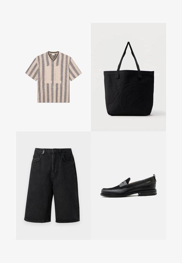 T-shirt à manches courtes et col en V, en crème et rayures grises. Présente le numéro "11" en tissu texturé à l'avant. Matériau doux et coupe décontractée.; Shorts en denim noir avec une coupe ample, une taille mi-haute, cinq poches et des passants de ceinture. Le tissu a une texture lisse et des détails de couture subtils.; Mocassin en cuir noir avec détail de bride grise, talon bas et semelle texturée, marqué "HUGO" en or sur le côté.; Sac fourre-tout en toile noire avec deux bandoulières et un motif circulaire discret en relief sur le devant.