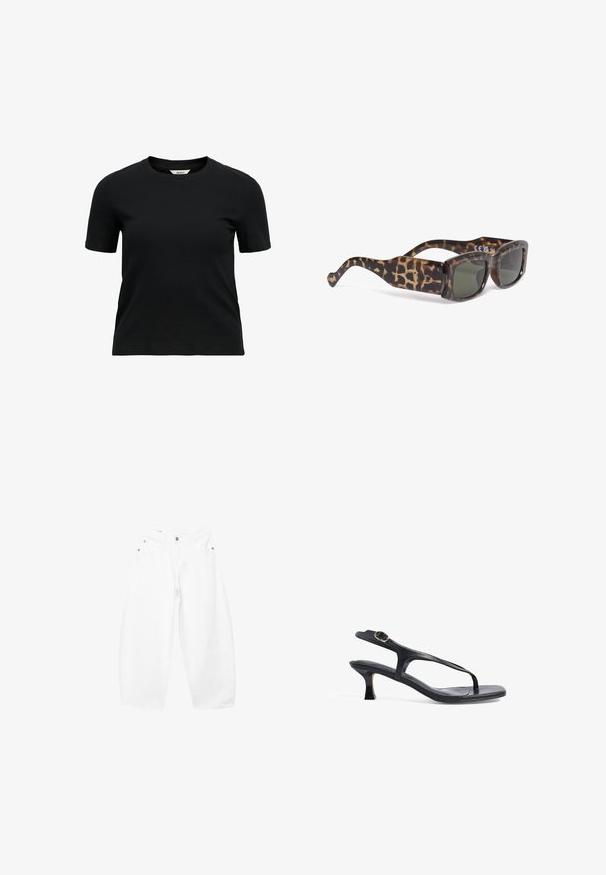 Schwarzes, geripptes T-Shirt mit kurzen Ärmeln und Rundhalsausschnitt, schlicht und figurbetont, mit einem kleinen Etikett am Halsausschnitt.; Weiße Baumwoll-Jeans mit weitem Bein, vorderem Knopf- und Reißverschluss, Gürtelschlaufen und Fünf-Taschen-Stil.; Schwarze Ledersandale mit schlankem Design, dünnen Riemen und einem kleinen Absatz. Verfügt über eine Schnallenakzent und eine glatt strukturierten Fußbett.; Braune Schildpatt-Sonnenbrille mit grünen Gläsern, quadratischer Form, dicken Bügeln mit Leopardenmuster und subtilen Brandingdetails an der Seite.