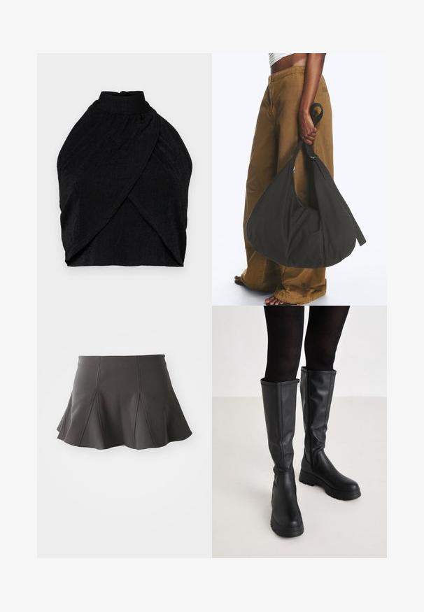Sort halterneck-top i struktureret stof med høj hals, samlingdetaljer og omslagstyling med en cropped nederkant.; Sort flared nederdel med en tætsiddende talje, der har lodrette syninger og en glat tekstur. Sømmen er let buet og går lige over midten af låret.; Even&Odd Plateaustøvler - black; Person iført brune vidde bukser og hvid top holder en stor sort blød håndtaske i remmen ved siden.