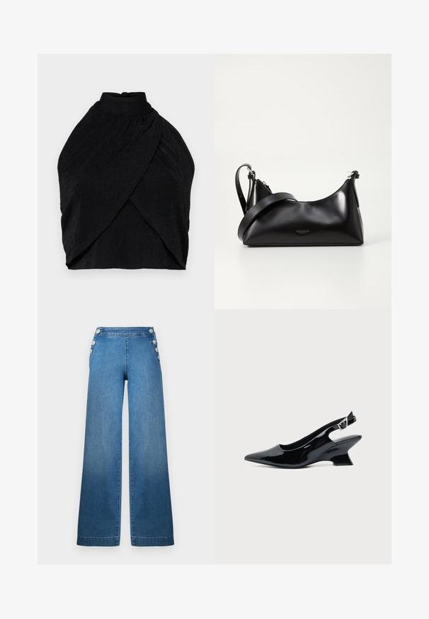 Sort halterneck-top i struktureret stof med høj hals, samlingdetaljer og omslagstyling med en cropped nederkant.; Bredde ben blå denim bukser med høj talje, knappede sidde accenter og en ren kant. Stoffet har en glat tekstur med let falmning.; Sort laklæder slingback sko med spids tå og lav vinklet blokhæl på ensartet lys baggrund.; Sort læderhåndtaske med en glat tekstur. Har en justerbar stropp og et enkelt, minimalistisk design med lynlås.