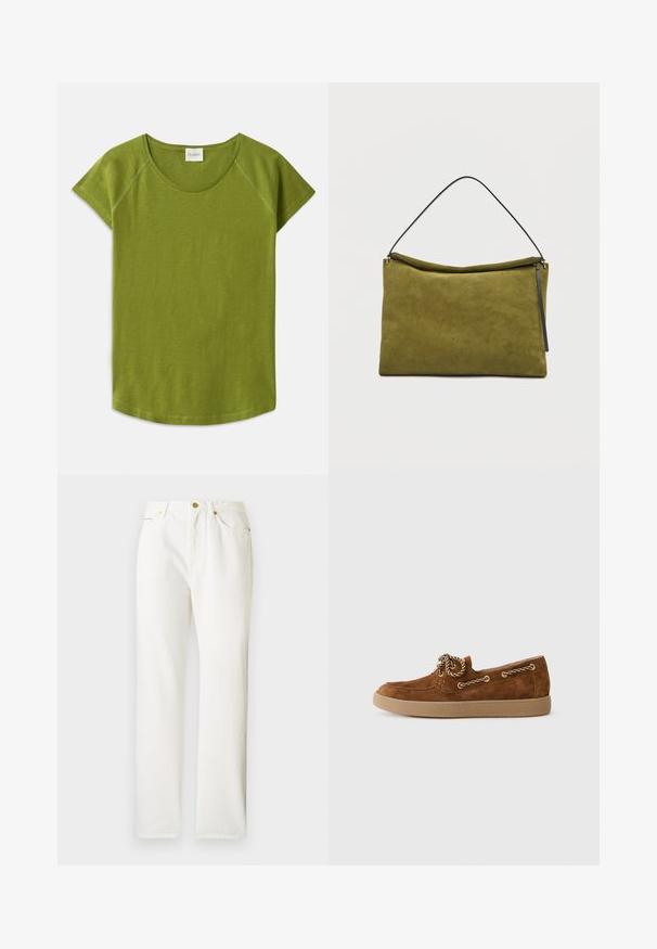 Groene t-shirt met korte mouwen, gemaakt van zachte stof. Heeft een ronde halslijn en een relaxte pasvorm. Eenvoudig ontwerp zonder zichtbare patronen of accenten.; Witte denim broek met een rechte pijpdesign, voorzien van een voorste knoopsluiting en subtiele textuur. Inclusief zijzakken en minimale hardware.; Bruine suède loafer met een ronde neus, contrasterende tan rubberen zool en decoratieve goudkleurige touwveters aan de zijkant.; Olivgroene rechthoekige suède schoudertas met zwarte riem en ritssluiting aan de bovenkant, weergegeven tegen een effen lichte achtergrond.