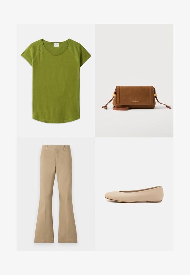 Grøn kortærmet t-shirt lavet af blødt stof. Har en rund halsudskæring og en afslappet pasform. Renset design uden synlige mønstre eller accenter.; CLOSED FELISE - Bukser - urban beige; Beige læder balletflade med afrundet tå, minimal sømdetaljering, lav hæl og subtilt logo på bagsiden. Glat, mat tekstur.; Brun ruskind rektangulær crossbody taske med justerbar strop, guldfarvet hardware og lukning med frontklap, mærket "Coccinelle" med små guldbogstaver.