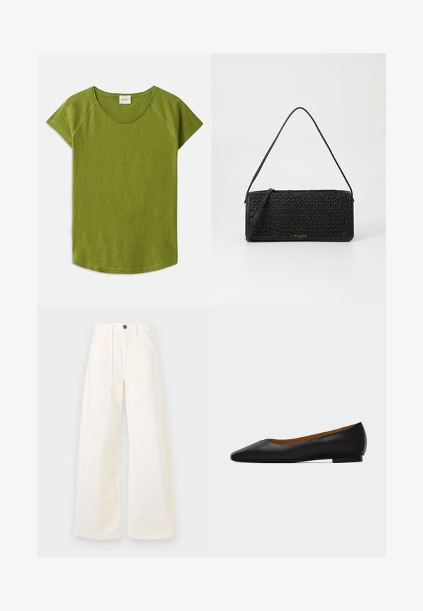 Groene t-shirt met korte mouwen, gemaakt van zachte stof. Heeft een ronde halslijn en een relaxte pasvorm. Eenvoudig ontwerp zonder zichtbare patronen of accenten.; Wijde broek in off-white katoen, met een hoge taille, twee voorzakken en een enkele knoopsluiting aan de voorkant.; Zwarte leren puntschoen met lage hak en gladde afwerking, zijaanzicht op een lichtgrijze achtergrond.; Zwarte handtas met een getextureerd geweven patroon, leren accenten, een slank formaat en een lange schouderband. Gouden logo-detail aan de voorkant.