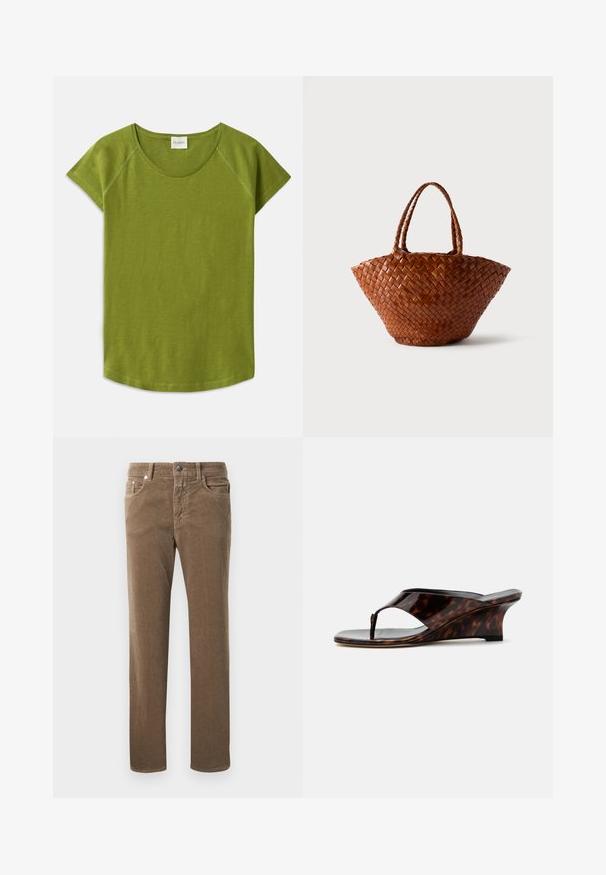 T-shirt vert à manches courtes en tissu doux. Présente un col rond et une coupe décontractée. Design épuré sans motifs ni accents visibles.; Pantalons en velours côtelé marron à jambe droite avec poches avant, passants de ceinture et fermeture à bouton sur fond blanc.; Sandale à talon compensé pour femme avec motif écaille, bout ouvert et bride entre les orteils, vue de profil sur fond blanc.; Sac à main en cuir tressé marron avec un large fond qui se resserre vers le haut et deux anses tressées, présenté sur un fond clair uni.
