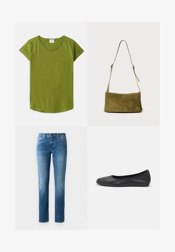 Grøn kortærmet t-shirt lavet af blødt stof. Har en rund halsudskæring og en afslappet pasform. Renset design uden synlige mønstre eller accenter.; Blå denim jeans med lige ben-design, der har en knaplukning, fem lommer og subtil fading. Glat tekstur med orange syninger.; Sort læderballetsko med rund tå, glat tekstur, minimal syning og et fleksibelt såldesign.; Olivengrøn ruskinds skuldertaske med en glat, rektangulær form. Har en lang, justerbar læderrem og minimalt hardware.