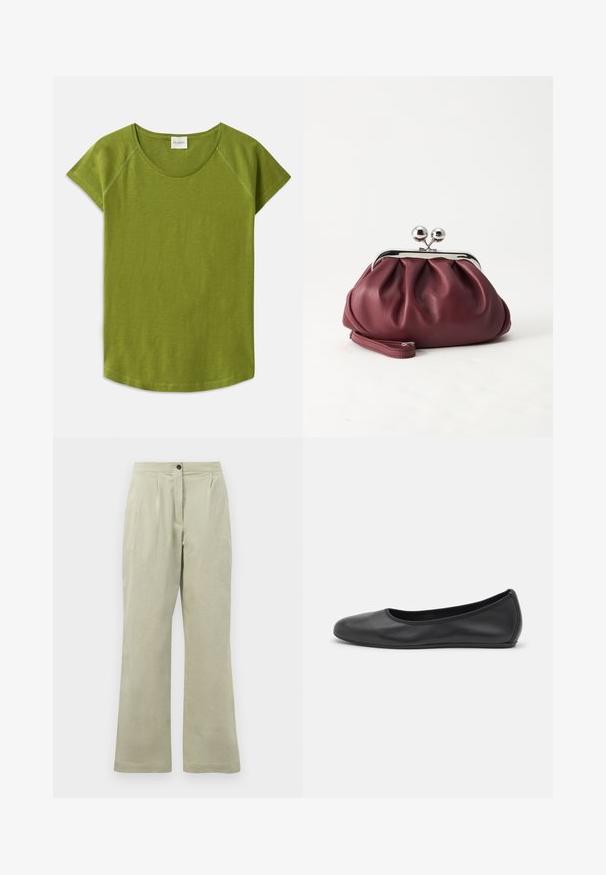 Camiseta verde de manga corta hecha de tela suave. Presenta un escote redondo y un corte relajado. Diseño limpio sin patrones o acentos visibles.; Pantalones de pierna ancha color verde claro, confeccionados en tejido suave, con cierre de botón en la parte frontal, pliegues y un dobladillo limpio.; Bailarina de piel negra con punta redondeada, textura suave, detalle de costura minimalista y diseño de suela flexible.; Pequeño bolso de mano de cuero burdeos con cierre metálico plateado y correa de muñeca sobre un fondo blanco.