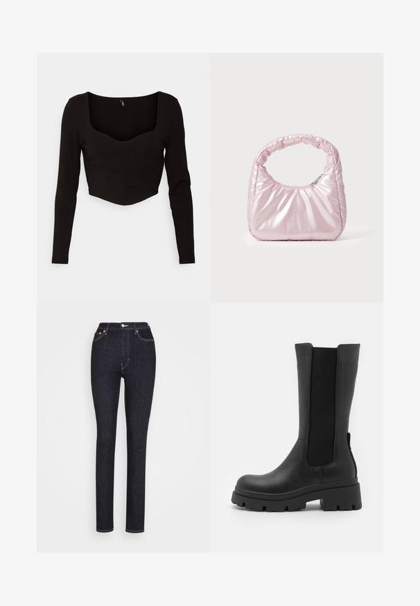 ONLY Petite ONLLOPI HEARTSHAPE - Top s dlhým rukávom - black; Weekday ELLIS CURVE HIGH - Džínsy skinny fit - blue rinse; ONLY SHOES ONLDOJA - Čižmy na platforme - black; Ružová, polstrovaná kabelka s oblehnutým dizajnom, vyrobená z lesklého materiálu. Obsahuje naťahovanú rukoväť a zipsové uzatvorenie pre bezpečný prístup.