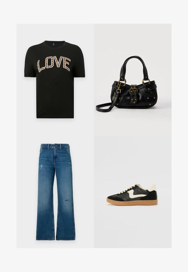 Sort kortærmet t-shirt med rund halsudskæring, der har ordet "LOVE" skrevet med hvide og leopardmønstrede bogstaver.; Blå denim bukser med brede ben og en falmet struktur, der har to slidte områder foran, en knaplukning og fem lomme-design.; Sorte ruskinds- og lædersneakers med en cremefarvet side-swoosh og lys cremefarvet hæl. Har beige snørebånd og en gummirubber-sål.; Sort læderhåndtaske med guldbælge og nitdetaljer, korte håndtag og en justerbar skulderrem på en ensfarvet hvid baggrund.