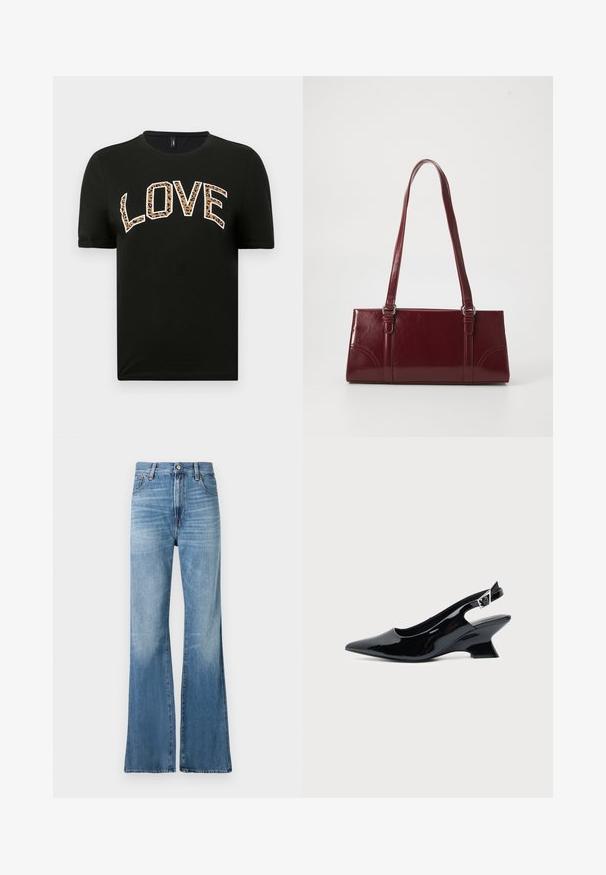 Schwarzes T-Shirt mit kurzen Ärmeln und rundem Ausschnitt, auf dem das Wort "LOVE" in weißen und Leopardenmuster-Buchstaben zu sehen ist.; Replay BECKA PANTS - Jeans Relaxed Fit - medium blue; Schwarzer Slingback-Schuh aus Lackleder mit spitzer Spitze und niedrigem, schrägem Blockabsatz auf einfachem hellem Hintergrund.; Burgunderfarbene Handtasche aus glänzendem Material, rechteckige Form, mit zwei Schulterriemen und subtilen, geschwungenen Akzenten an der Vorderseite.