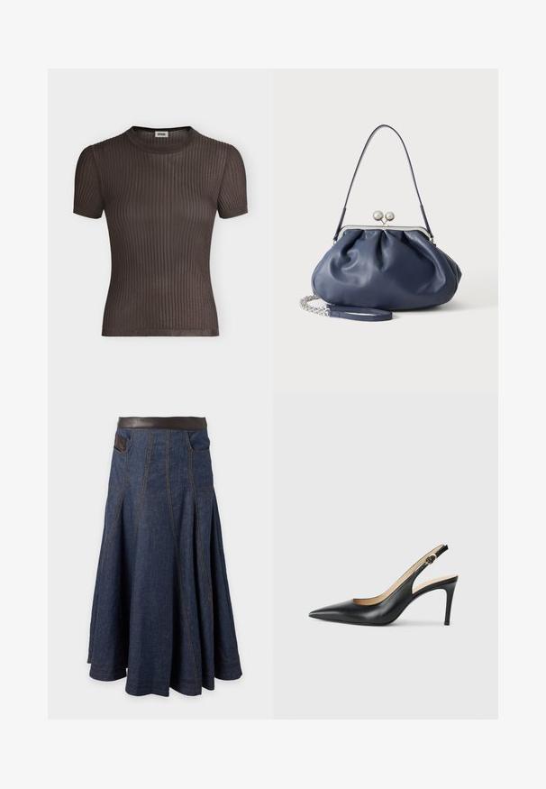 Haut à manches courtes en maille côtelée marron foncé avec un col rond, présenté à plat sur un fond clair uni.; Jupe en denim bleu foncé avec panneaux évasés, ceinture marron contrastante, poches avant et détails de couture visibles.; Escarpins en cuir noir avec une pointe fine, une bride ajustable et un talon aiguille élégant, présentant une finition lisse.; Sac à main en cuir bleu marine doux avec fermeture à boucle argentée, une seule bandoulière, et une chaîne de poignet amovible sur fond blanc.