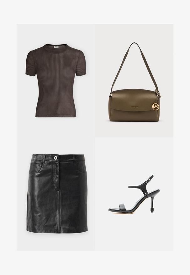 Kortærmet, mørkebrun ribstrikket top med rund halsudskæring, vist fladt mod en ensartet lys baggrund.; Weekend Max Mara HULL - Pencil skirt - nero; Sort læder sandal med høje hæle, tynde stropper, åben tå og justerbar ankelspænde, vist mod en ensartet hvid baggrund.; Skuldertaske i olivengrønt læder med klaplukning og gyldent Michael Kors-logo vedhæng hængende på stroppen.