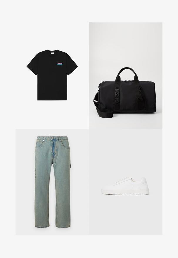 Schwarzes T-Shirt mit kurzen Ärmeln und Rundhalsausschnitt mit kleinem „Prince“-Logo in Pink und Blau auf der linken Brust.; Hellblaue, locker sitzende Denim-Jeans mit fünf Taschen, einem Knopfverschluss und sichtbaren Nähten. Der Stoff hat ein verblasstes, strukturiertes Aussehen.; Weißer Sneaker mit einem Obermaterial aus glattem Leder, abgerundetem Zehenbereich, Schnürsenkeln, strukturierten seitlichen Akzenten und einer dicken Gummisohle. Minimalistisches Design.; Schwarze Sporttasche aus Nylon mit doppelten Griffen, abnehmbarem Schultergurt, geprägtem Logo und einem Gepäckanhänger. Glatte Textur.