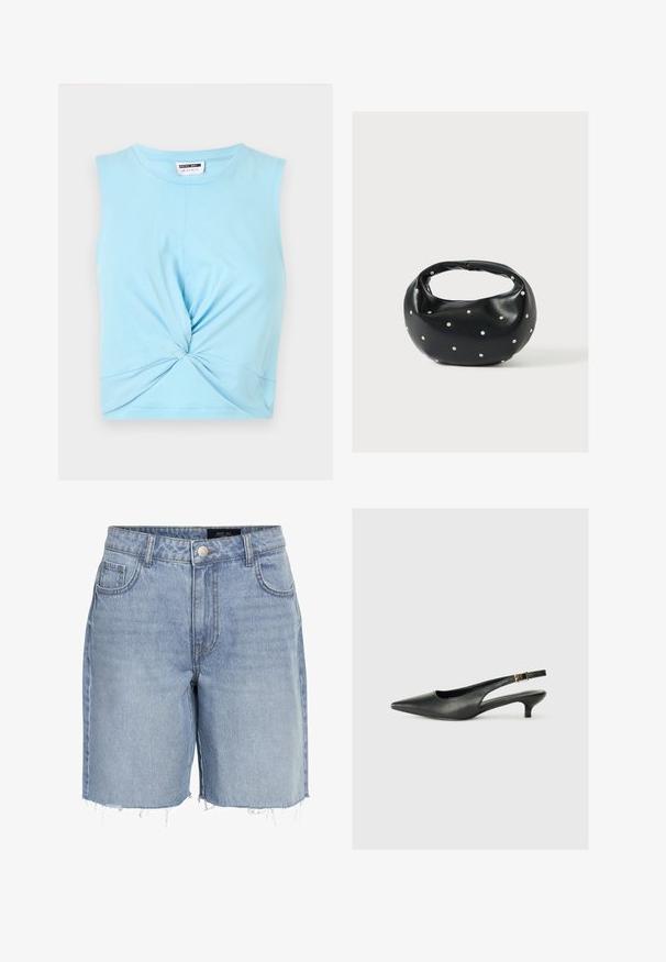 Svetlomodrý bezrukávový crop top z jemnej bavlny, s detailom twistu vpredu a okrúhlym výstrihom.; Svetlomodré denimové šortky s vysokým pásom, piatimi vreckami, strihaným okrajom a klasickým zapínaním na gombík. Vyrobené z mäkkej, textúrovanej tkaniny.; Čierne body topánky s otvorenou pätou vyrobené z hladkej kože. Zobrazuje tenké opätky a ozdobný detail s prackou na nastaviteľnom popruhu.; Čierna kožená kabelka s zaobleným tvarom, zdobená striebornými cvočkami a krátkym rúčkou. Hladká textúra a zapínanie na zips.
