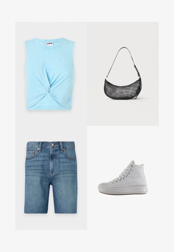 Lichtblauw mouwloos crop top van zachte katoen, met een twistdetail aan de voorkant en een ronde hals.; Lichtblauwe denim shorts met een klassiek snit, vijf zakken en koperen accenten voor contrast. Geweven, middelzwaar materiaal.; Witte hoge canvas sneaker met witte veters, metalen oogjes, dikke rubberen zool en gestructureerde neuskap, naar links gericht op een witte achtergrond.; Kleine zwarte mesh schoudertas in halve maanvorm met verstelbare dunne band, tegen een effen lichte achtergrond.