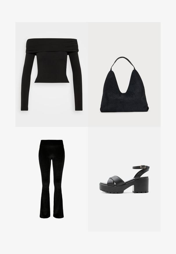 Top negro de manga larga y sin hombros hecho de tejido elástico. Presenta detalles fruncidos en el escote y una silueta ajustada.; Pantalones acampanados negros en tejido suave de terciopelo. Cintura alta y textura lisa. El diseño presenta un corte acampanado desde la rodilla hacia abajo.; Sandalia negra de tacón grueso con tiras cruzadas y hebilla ajustable en el tobillo sobre una suela de plataforma con dibujo grueso.; Bolso de hombro de cuero negro tejido con una base ancha y un solo asa en lazo sobre un fondo claro y uniforme.