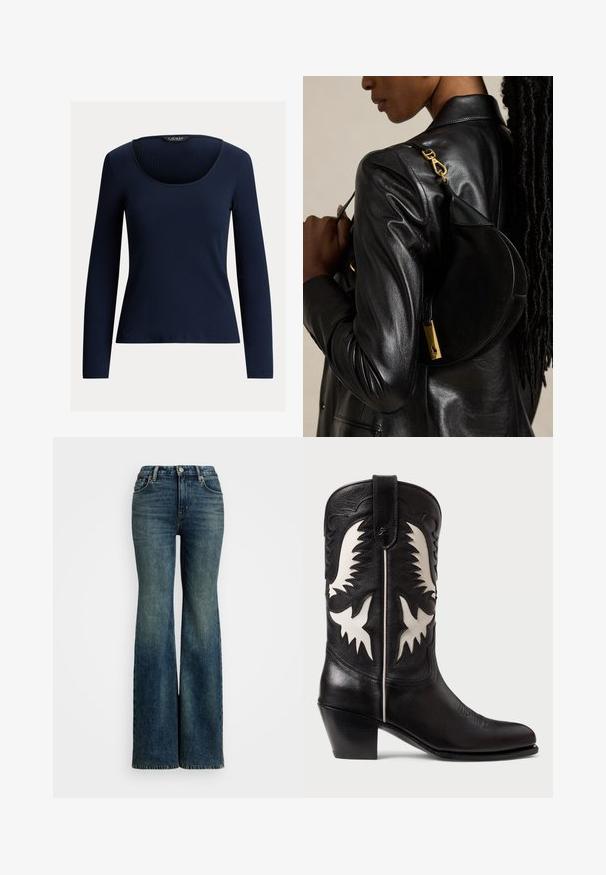 Mørkeblå ribbet langærmet bluse med bådudskæring og tætsiddende pasform.; Fadede blå flare jeans lavet af denim. Høj talje-design med en klassisk 5-lomme stil og synlige syninger.; Sorte læder cowboystøvler med hvide kantede detaljer, prydet med dekorativ syning, spidse tåer og en lav stablet hæl.; Person iført sort læderjakke bærer sort halvmåneformet håndtaske med guldlås over skulderen mod ensfarvet baggrund.