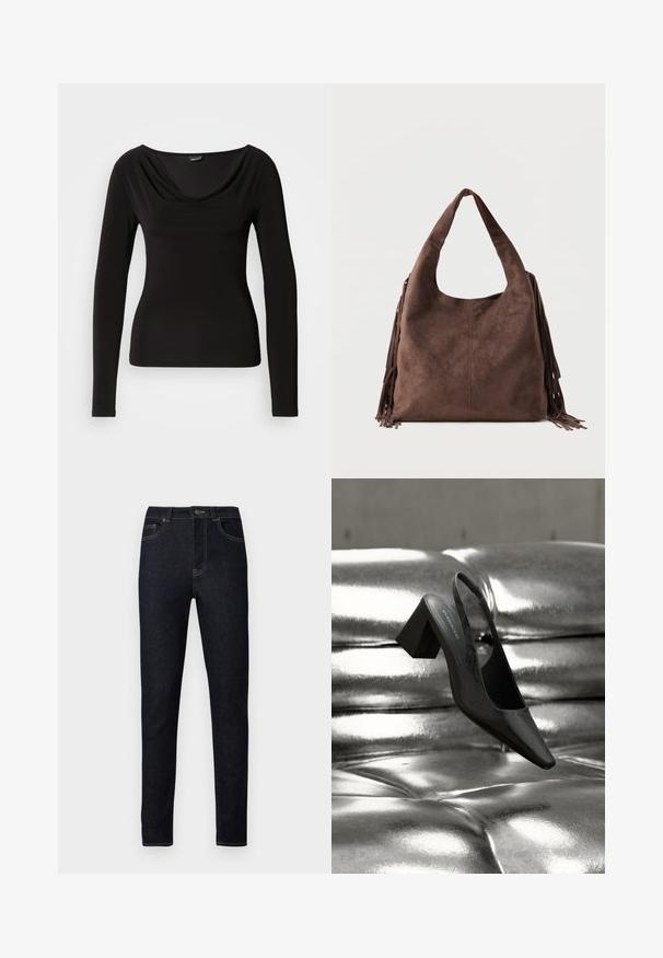 Haut noir à manches longues avec un col drapé, en tissu doux, présentant une coupe ajustée et des coutures minimales pour une apparence lisse.; Jean en denim bleu foncé à coupe slim, avec des surpiqûres orange, une braguette à boutons, et un design traditionnel à cinq poches.; Escarpin noir à bride arrière avec bout pointu, présentant une surface texturée et un talon bloc épais. Posé sur un fond métallique brillant.; Sac à bandoulière en daim marron avec une large sangle et de longues franges des deux côtés, présenté sur un fond clair uni.
