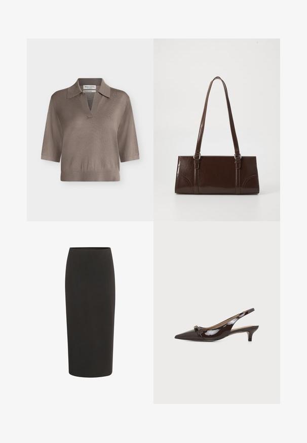 Polo en maille taupe à manches courtes, col en V et bas côtelé, posé à plat sur un fond clair.; Jupe crayon noire en tissu lisse, présentant une coupe ajustée, une longueur mi-mollet et une taille élastique simple.; Chaussure slingback brillante marron foncé à bout pointu, petit talon kitten et petite boucle décorative sur la bride avant.; Sac à main en cuir verni marron de forme rectangulaire, avec deux longues poignées et des accents courbés subtils à l'avant.