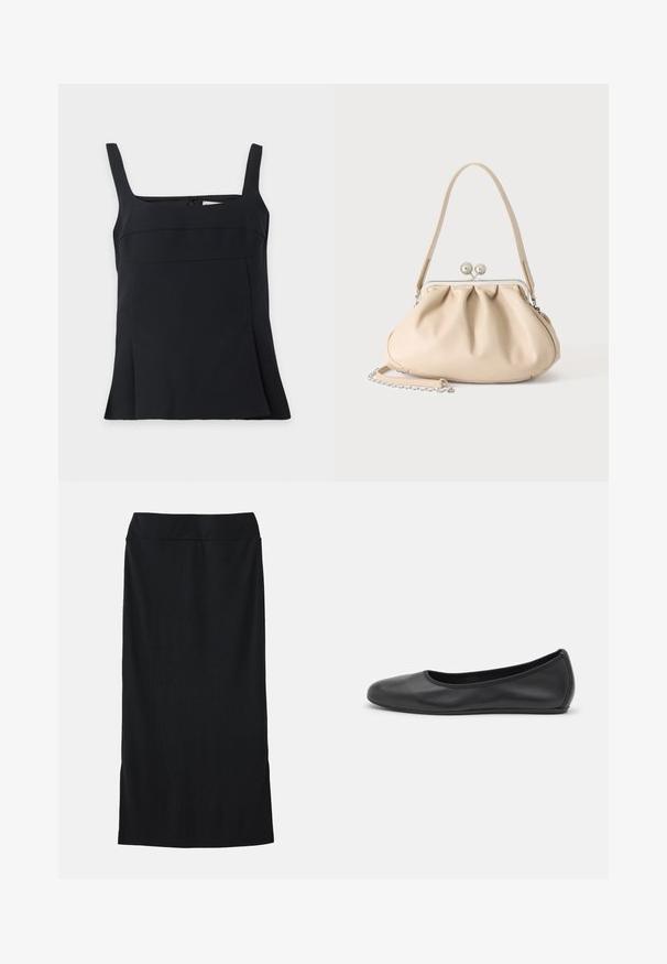 Camiseta de tirantes negra sin mangas con escote cuadrado, tirantes anchos y bajo ligeramente acampanado, mostrada sobre un fondo claro y liso.; Falda midi negra de tejido suave, con una cintura ajustada, silueta recta y aberturas laterales para facilitar el movimiento.; Bailarina de piel negra con punta redondeada, textura suave, detalle de costura minimalista y diseño de suela flexible.; Bolso de mano de cuero suave beige con cierre de marco metálico plateado, una correa para el hombro y una correa de cadena opcional sobre un fondo blanco.