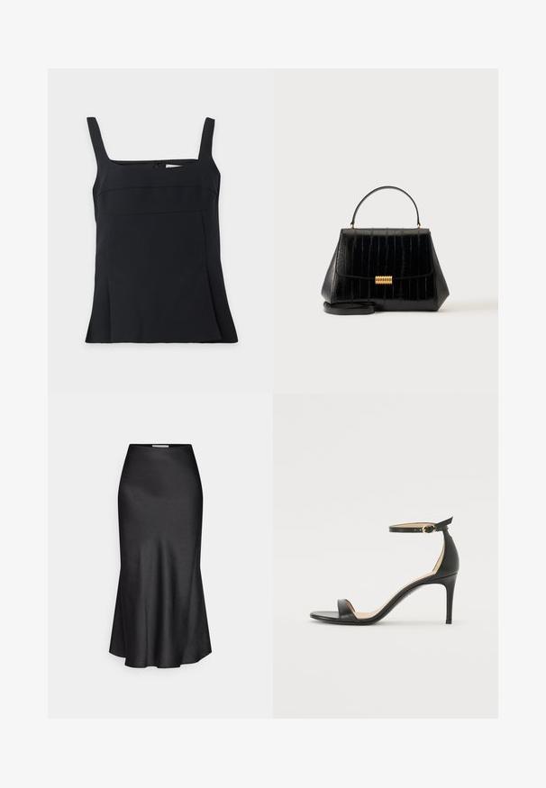 Débardeur noir sans manches à encolure carrée avec larges bretelles et ourlet légèrement évasé, présenté sur un fond clair uni.; DRYKORN NEVIDA - Jupe longue - black; Sandale à talons hauts en cuir noir avec une lanière de cheville. Présente une texture lisse, un bout ouvert et un talon fin. Détail de boucle en ton doré.; Sac à main en cuir noir avec poignée supérieure, fermoir doré et bandoulière amovible sur un fond clair uni.