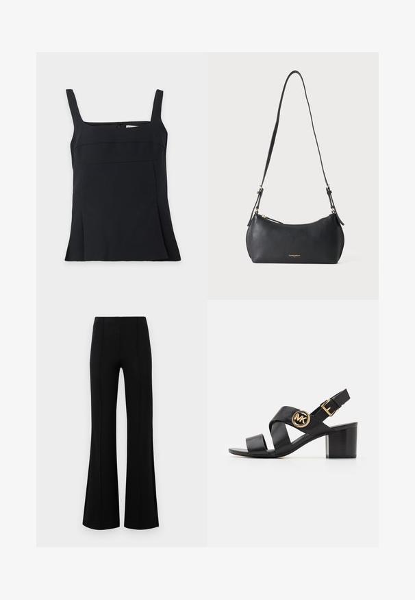 Camiseta de tirantes negra sin mangas con escote cuadrado, tirantes anchos y bajo ligeramente acampanado, mostrada sobre un fondo claro y liso.; Pantalones acampanados negros de cintura alta, fabricados en tejido elástico. Presentan detalles de costura vertical en la parte delantera y una textura suave.; Sandalia de cuero negra con correas entrelazadas y un logo redondo de MK. El tacón es de altura media, proporcionando estabilidad y un diseño elegante.; Pequeña bolsa de cuero negra para el hombro con correa ajustable y cremallera dorada, con texto de marca dorado sutil en la parte delantera.