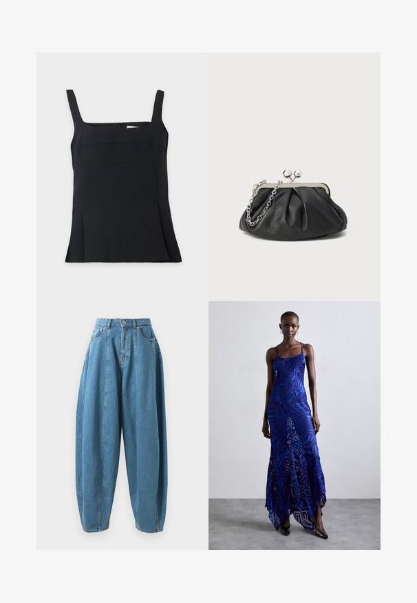 Sort ærmeløs top med firkantet halsudskæring, brede stropper og let udvidet kant vist på en ensartet lys baggrund.; Højtsiddende, løstsiddende blå denim jeans med folder, forlommer, bæltesløjfer og knap- og lynlåslukning.; Blå og lilla dyreprint maxi kjole med tynde stropper, en tætsiddende bodice, flagrende kant og gennemsigtig overlay-detaljering.; Sort læder clutch med samlet tekstur, sølvfarvet metalramme, kys-lås lukning og kædestrop. Glat, blød overflade.