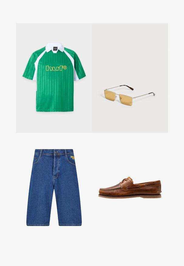 Grünes Sportshirt mit kurzen Ärmeln, weißem Kragen und seitlichen Einsätzen, mit gelbem "huf®" Schriftzug vorne.; Dunkelblaue Denim-Shorts mit entspanntem Schnitt, ausgestattet mit dem klassischen Fünf-Taschen-Design, gelbem Logodetail und Kontrastnähten.; Braune Lederbootsschuhe mit gesteppten Akzenten, metallischen Ösen, einer erhöhten Naht an der Zehe und einer flachen Gummisohle.; Rechteckige Sonnenbrille mit dünnem silberfarbenem Metallgestell und bernsteinfarben getönten Gläsern, liegend auf einer weißen Oberfläche.