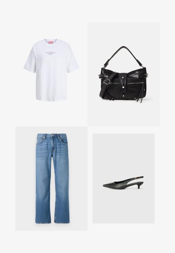 Άσπρο κοντομάνικο T-shirt με στρογγυλή λαιμόκοψη, με μικρό μωβ και μαύρο κείμενο «Matcha Latte Club» στο στήθος και ροζ ετικέτα στο λαιμό.; Ανοιχτό μπλε τζιν παντελόνι με ίσια γραμμή, στυλ πέντε τσέπες, μεμονωμένο κούμπωμα και ραμμένα διακοσμητικά κατά μήκος των ραφών.; Μαύρο παπούτσι slingback με μυτερή μύτη, κατασκευασμένο από λείο δέρμα. Διαθέτει λεπτό τακούνι και λεπτομέρεια με αγκράφα στη ρυθμιζόμενη λωρίδα.; Even&Odd by Zalando H24462 - Τσάντα χειρός - black