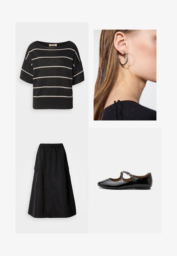 Suéter negro de punto con amplio escote tipo barco, mangas cortas y rayas horizontales blancas, con dobladillo acanalado y un ajuste holgado.; Falda negra de corte holgado, hecha de una tela suave. Cuenta con una cinturilla elástica y dos bolsillos cargo laterales. Diseño de longitud media.; Zapato plano Mary Jane de charol negro con dos recortes y una correa con hebilla dorada sobre fondo blanco.; Pendiente de aro de plata con un acabado pulido, que presenta pequeños detalles en dorado y una forma redonda, llevado en el lóbulo.