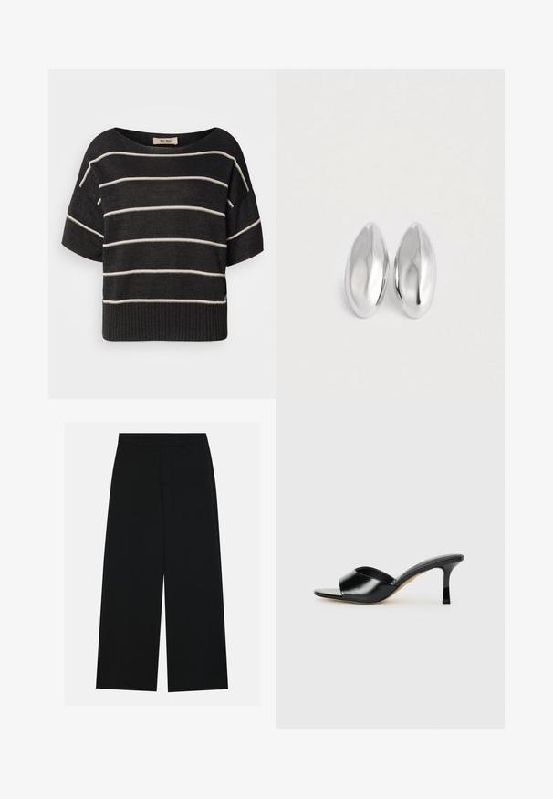 Sort strikket sweater med bred bådudskæring, korte ærmer og vandrette hvide striber, med ribbet kant og afslappet pasform.; Breddebenede sorte bukser lavet af et glat stof. Har en flad talje med bæltestropper og ingen synlige lommer. Simpelt design.; Sorte læder højhælede mules med open-toe design og en bred, buet overdel. Glat tekstur og slank silhuet.; Et par glatte, skinnende sølvfarvede ovalformede genstande placeret side om side på en helt hvid baggrund.