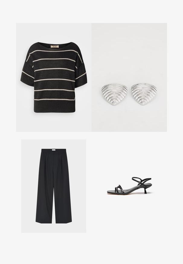 Sort strikket sweater med bred bådudskæring, korte ærmer og vandrette hvide striber, med ribbet kant og afslappet pasform.; Sort vidde bukser med forreste folder, bæltestropper og sidelommer på en ensfarvet lys baggrund.; Sorte lædersandaler med et slankt, minimalistisk design. Har to tynde remme og en lille, skrå hæl. Glat tekstur og åben tå.; Sølvfarvede øreringe med et bølget, tekstureret design, formet som overlappende halvmåner; den polerede overflade fremhæver de reflekterende egenskaber.