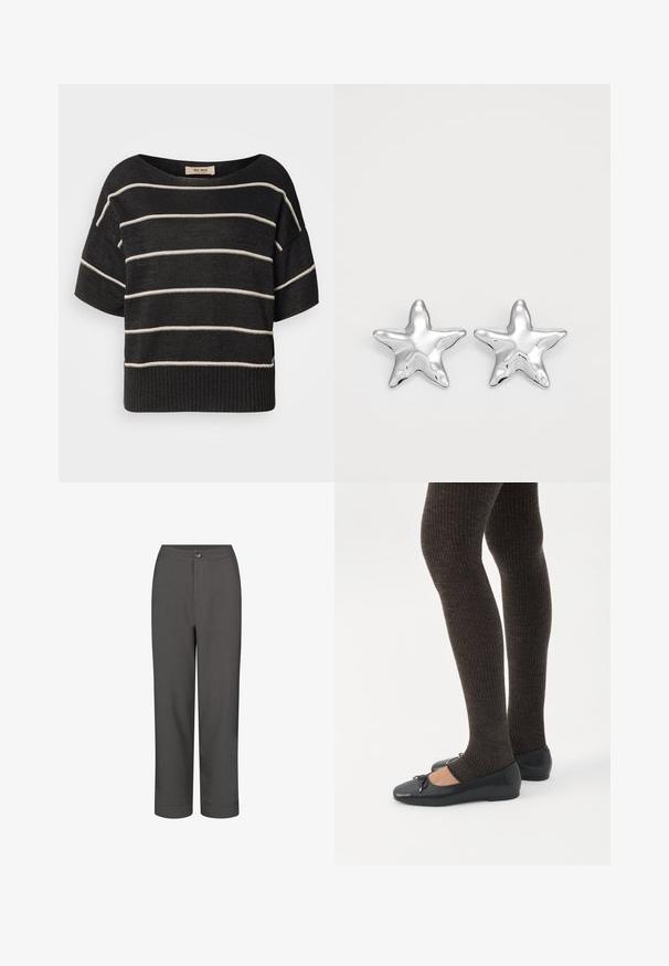 Sort strikket sweater med bred bådudskæring, korte ærmer og vandrette hvide striber, med ribbet kant og afslappet pasform.; Grå habitbukser med lige ben, glat tekstur, lukning med frontknap og opsmøgede kanter for et skræddersyet look.; Ben iført mørke ribbede leggings kombineret med sorte balletsko med små sløjfedetaljer på hvid baggrund.; Sølvstjernede øreringe med en poleret, blank overflade. Hver ørering har fem spidser og subtile teksturdetaljer på overfladen.