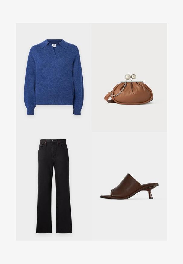 Blå strikket sweater med polo krave, dyb V-udskæring og ribbede manchetter. Materialet har en blød, tekstureret overflade. Ideel til lag-på-lag styling.; Højtaljede sorte denimjeans med klokkeformede ben, der har synlige syninger, fem-lomme design og detaljer i kobberfarvet metal.; Mørkebrun læder mule med åben tå, lav buet hæl og slip-on design mod hvid baggrund.; Brun læder clutch-pung med sølv kugleklap og en lille sølv kædedetalje på en hvid baggrund.