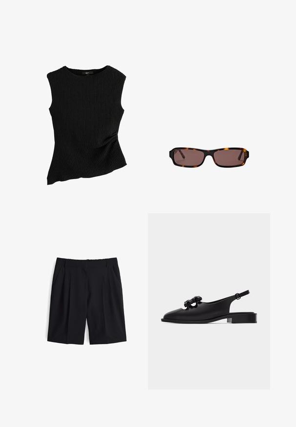 Schwarzes ärmelloses geripptes Stricktop mit rundem Ausschnitt und leicht gerafften Seitendetails.; Schwarze Shorts aus leichtem Stoff, mit hoher Taille, vorderen Falten und seitlichen Taschen. Glatte Textur mit elastischem Bund.; Schwarzer flacher Slingback-Schuh aus Leder mit niedrigem Absatz und drei dekorativen Schleifen am Obermaterial, Seitenansicht vor weißem Hintergrund.; Rechteckige Schildpatt-Sonnenbrille mit dunkelbraunen Gläsern und schlanken Bügeln, vor weißem Hintergrund dargestellt.