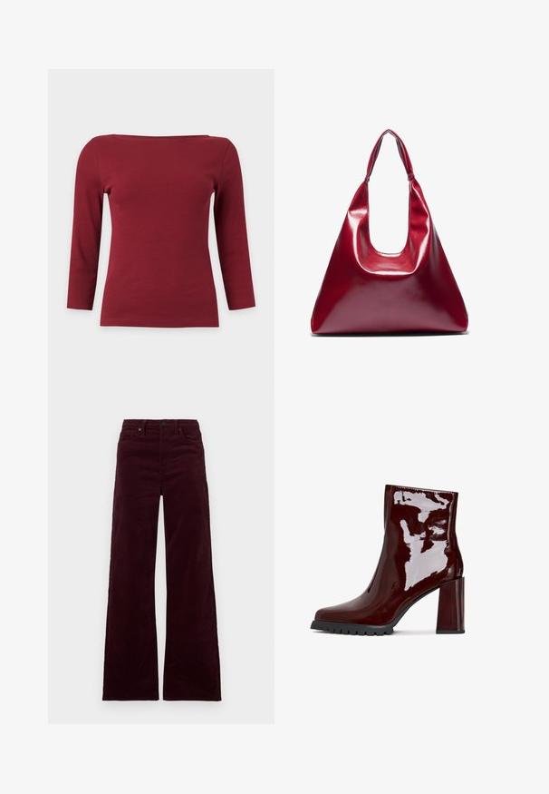 Effen donkerrood geribd top met lange mouwen, een brede boothals en een aansluitend silhouet op een lichtgrijze achtergrond.; Bordeauxrood corduroy wijde pijpen broek met een hoge taille, voorzien van een ritssluiting, knoopsluiting en zijzakken. Soepele textuur met verticale ribbels.; Glanzende bordeaux enkelboot met een vierkante neus, chunky doorzichtige hak en gestructureerde zwarte zool. Vloeiend oppervlak met een hoge glansafwerking.; Rode glanzende leren handtas met een driehoekige vorm, brede opening aan de bovenkant en een enkele gebogen handgreep. Gladde textuur met minimale stikseldetails.