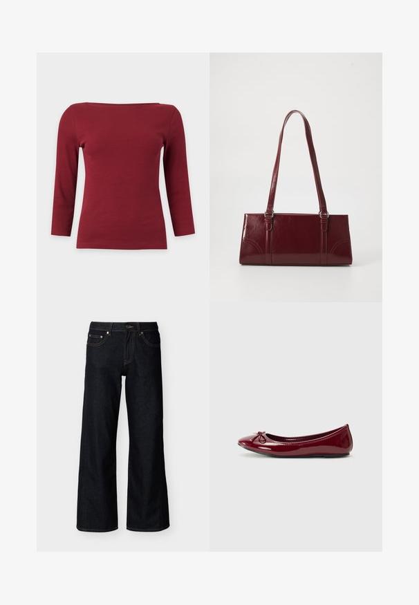 Schlichtes dunkelrotes, geripptes Langarmtop mit weitem U-Boot-Ausschnitt und figurbetonter Silhouette auf hellgrauem Hintergrund.; Dunkelblaue Jeans mit weitem Bein, vorne mit Knopf, Reißverschluss und Fünf-Taschen-Stil auf hellem einfarbigem Hintergrund.; Balletschuh aus glänzendem burgunderfarbenem Lackleder, mit runder Zehe und kleinem Schleifendetail an der Vorderseite. Glatte Textur, niedriger Absatz.; Burgunderfarbene Handtasche aus glänzendem Material, rechteckige Form, mit zwei Schulterriemen und subtilen, geschwungenen Akzenten an der Vorderseite.