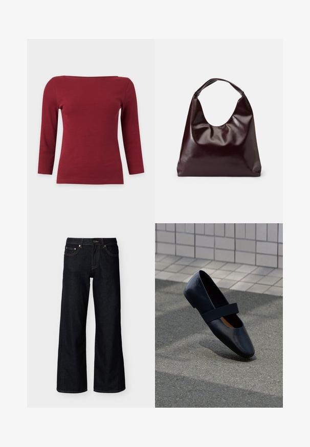 Haut à manches longues côtelé rouge foncé uni avec un large col bateau et une silhouette ajustée sur fond gris clair.; Jean denim bleu foncé à jambes larges avec bouton frontal, fermeture éclair et style cinq poches sur fond clair uni.; Chaussure plate en cuir noir avec un bout arrondi, dotée d'une douce sangle élastique noire sur le cou-de-pied. Texture lisse et design minimaliste.; Sac en cuir vegan bordeaux, brillant, avec une forme douce et sculpturale et une large poignée incurvée pour un transport facile.