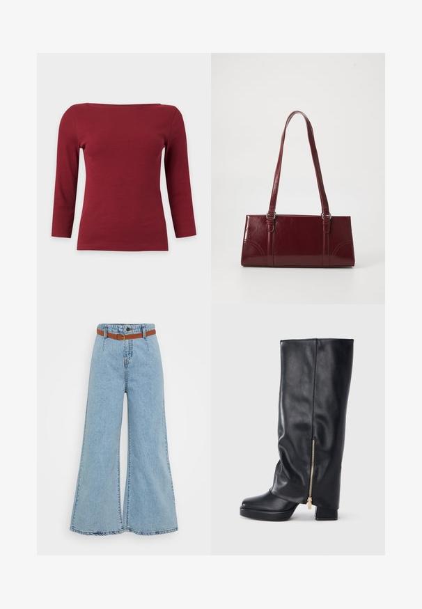 Haut à manches longues côtelé rouge foncé uni avec un large col bateau et une silhouette ajustée sur fond gris clair.; Jeans large bleu clair avec taille haute, bande élastique et une ceinture marron contrastante. Présente des coutures visibles et un ourlet effiloché.; Botte en cuir noire montant jusqu'au genou avec talon épais et détail de fermeture éclair dorée sur le côté, sur fond blanc.; Sac à main bordeaux en matériau brillant, de forme rectangulaire, avec deux anses et des accents légèrement courbés à l'avant.