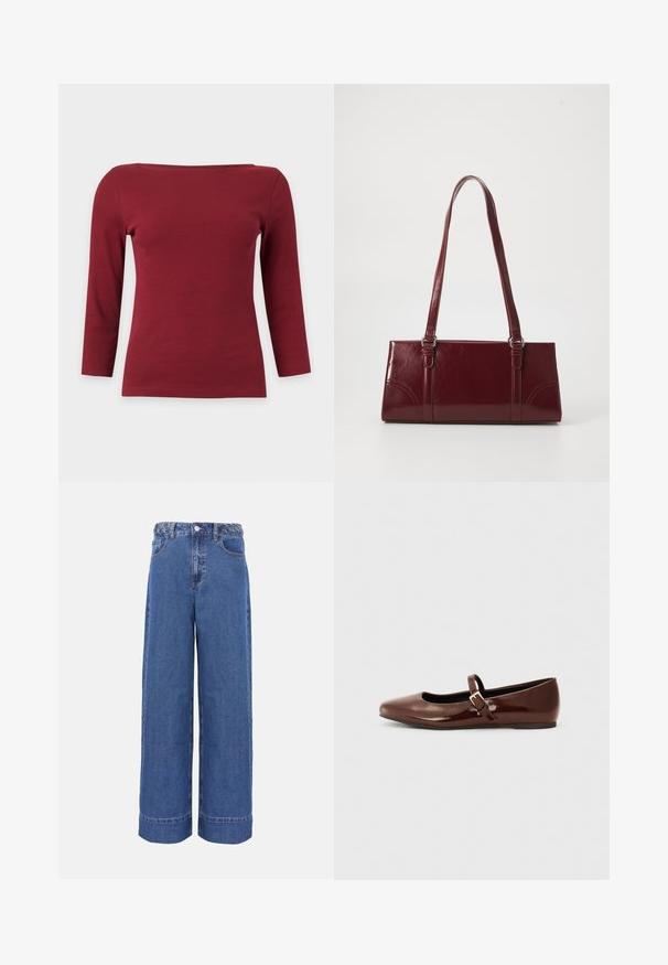 Enkelt mørkerødt ribstrikket top med lange ærmer, bred bådudskæring og tætsiddende silhuet på lysegrå baggrund.; Blå denim jeans med vide ben, flettet linning, knap foran og lommer, vist på ensfarvet baggrund.; Brun patentlæder balletflade med firkantet tå og strop med en lille guldbuckle. Glat tekstur, lav hæl og minimalistisk design.; Bordeaux håndtaske lavet af glansfuldt materiale, rektangulær form, med to skulderremme og subtile buede detaljer på forsiden.