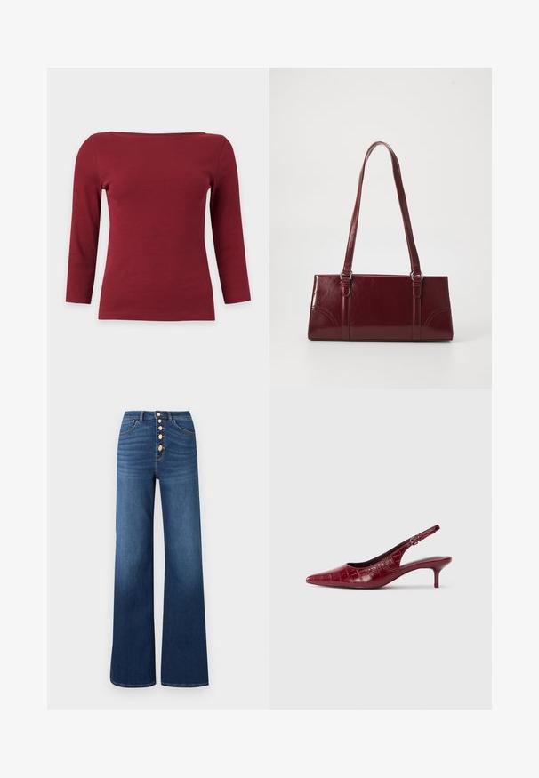 Haut à manches longues côtelé rouge foncé uni avec un large col bateau et une silhouette ajustée sur fond gris clair.; ONLY ONLMADISON BLUSH BUT WIDE - Jean boyfriend - medium blue denim; Escarpin à talon kitten en cuir bourgogne avec texture crocodile, bout pointu, bride ajustable et talon bas sur fond blanc.; Sac à main bordeaux en matériau brillant, de forme rectangulaire, avec deux anses et des accents légèrement courbés à l'avant.