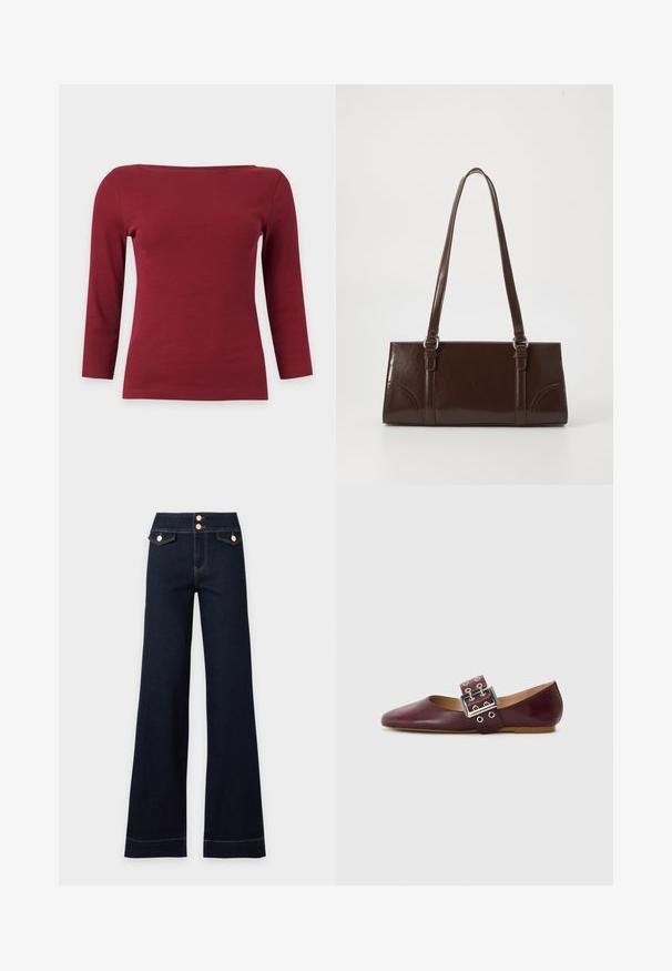 Haut à manches longues côtelé rouge foncé uni avec un large col bateau et une silhouette ajustée sur fond gris clair.; Jean large taille haute bleu foncé avec deux poches avant à rabat et deux boutons visibles en or rose à la taille.; Ballerine en cuir bordeaux avec un bout pointu, large bride avec boucle en métal argenté et plusieurs trous, semelle plate, texture lisse.; Sac à main en cuir verni marron de forme rectangulaire, avec deux longues poignées et des accents courbés subtils à l'avant.