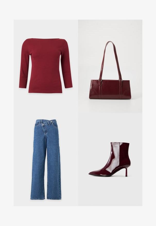 Haut à manches longues côtelé rouge foncé uni avec un large col bateau et une silhouette ajustée sur fond gris clair.; Jean denim bleu à jambes larges, taille haute avec fermeture à boutons chevauchants sur fond blanc uni.; Bottine brillante rouge foncé à bout pointu et talon fin mi-haut sur un fond clair.; Sac à main bordeaux en matériau brillant, de forme rectangulaire, avec deux anses et des accents légèrement courbés à l'avant.