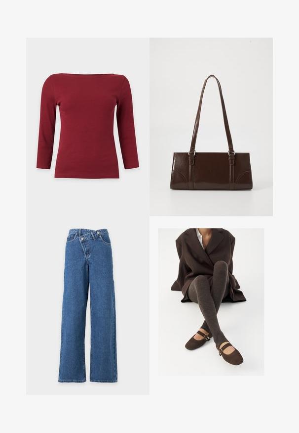 Haut à manches longues côtelé rouge foncé uni avec un large col bateau et une silhouette ajustée sur fond gris clair.; Jean denim bleu à jambes larges, taille haute avec fermeture à boutons chevauchants sur fond blanc uni.; Des chaussettes marron côtelées jusqu'aux genoux associées à des ballerines en daim marron de type Mary Jane avec une sangle décorative et une boucle, portées avec un manteau sombre.; Sac à main en cuir verni marron de forme rectangulaire, avec deux longues poignées et des accents courbés subtils à l'avant.